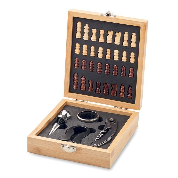 Chesset Weinset mit Schachspiel, Holz