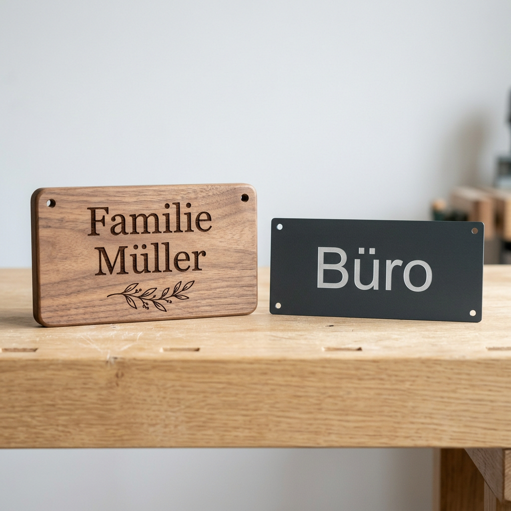 Beispiele individuell gravierter Türschilder aus Holz und Metall