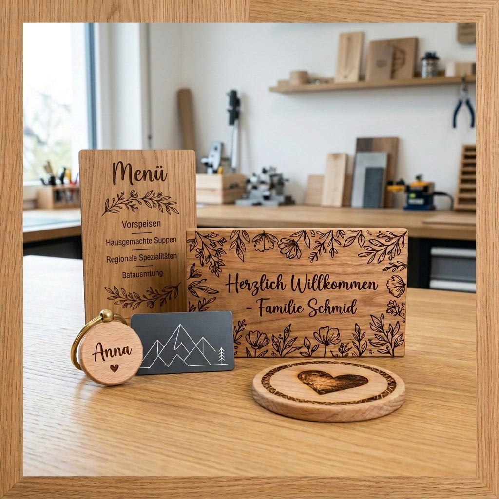 Produktbild mit gravierter Menükarte aus Holz